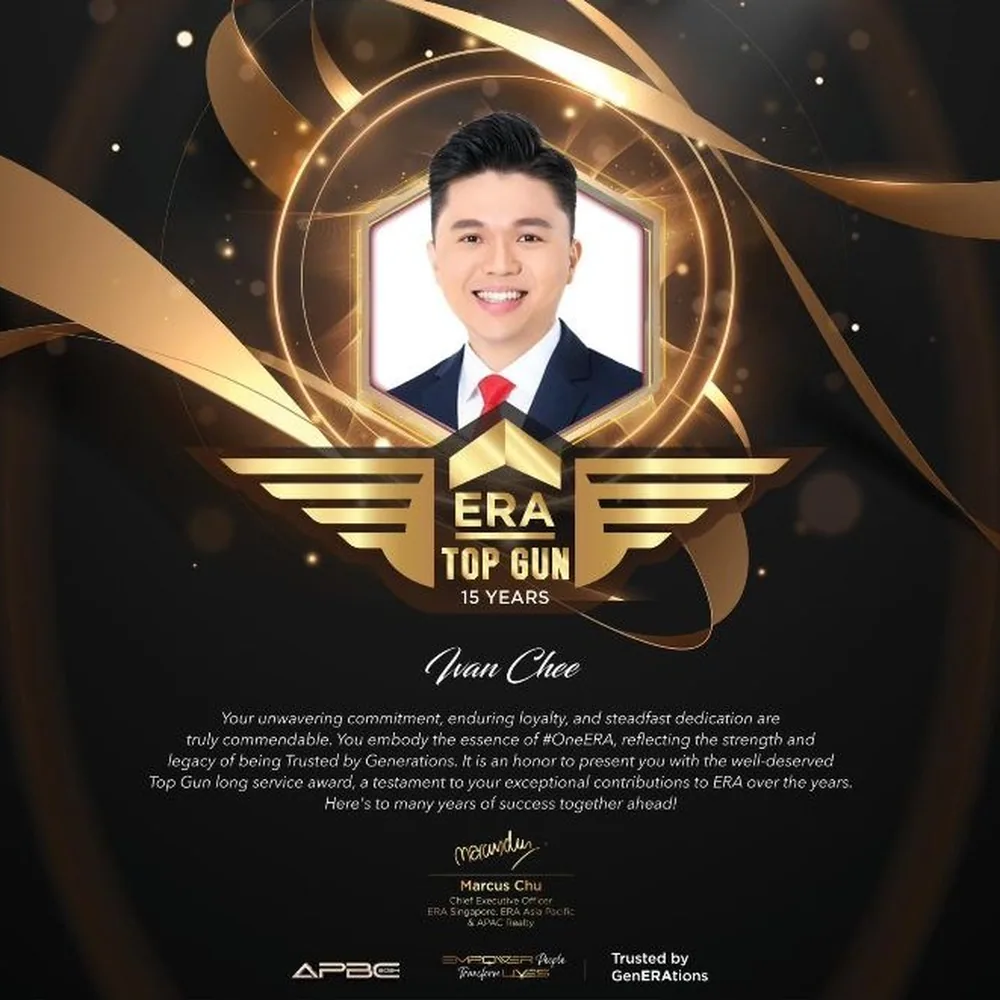 ERA Top Gun · 15 Years Service Award presented to Ivan Chee, signed by Marcus Chu, CEO of ERA Singapore