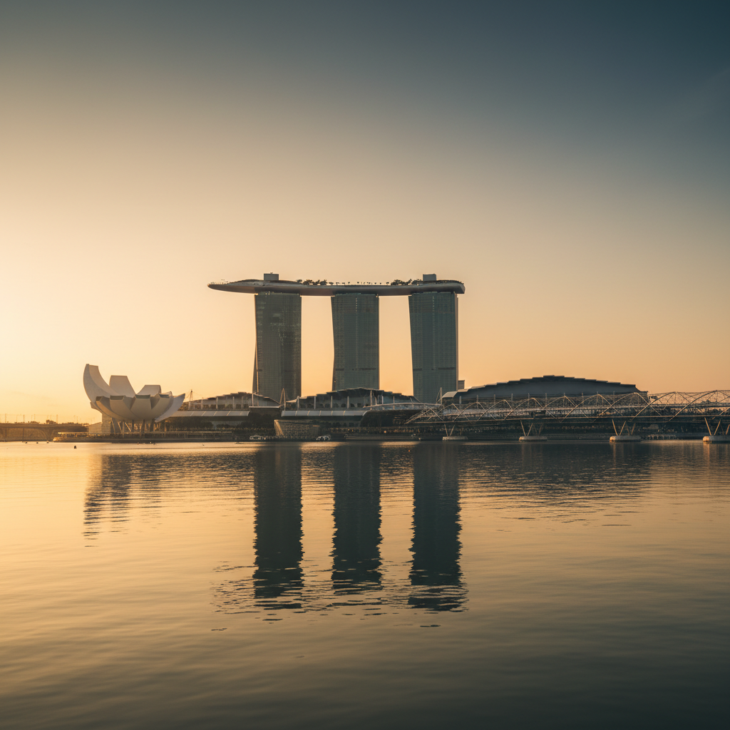 Marina Bay Sands and the Singapore CBD skyline at golden hour, reflecting in still bay water