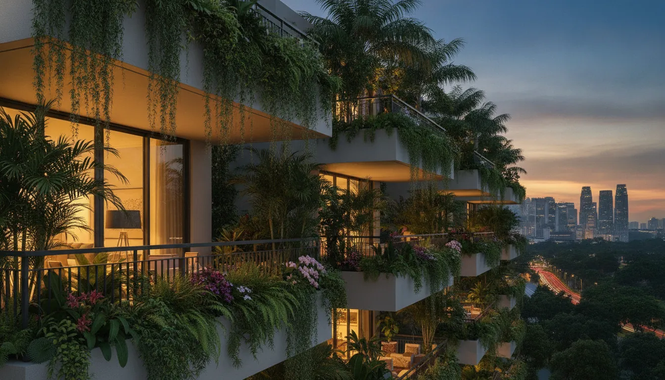 Buying a second property in Singapore: private condominium balconies with lush planting at dusk, city skyline beyond