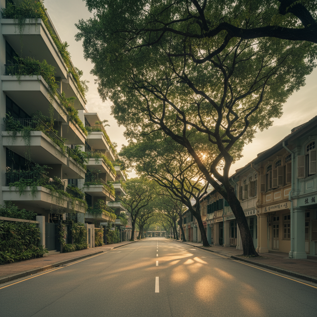 A residential street in Singapore's River Valley district at warm dusk, with shophouses, rain trees and a low-rise tropical condo