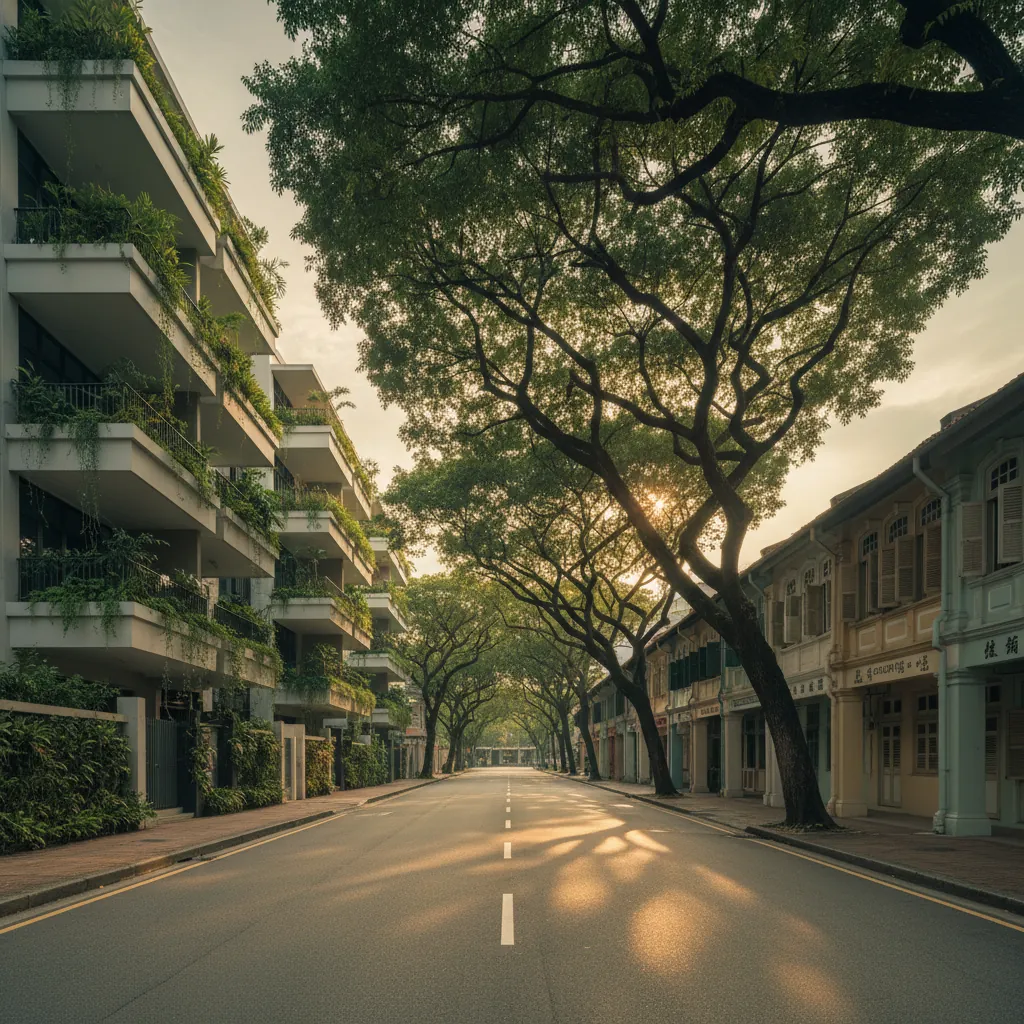 Chinese buyers Singapore property: a residential street in River Valley with a low-rise tropical condo, conservation shophouses, and rain trees at warm dusk