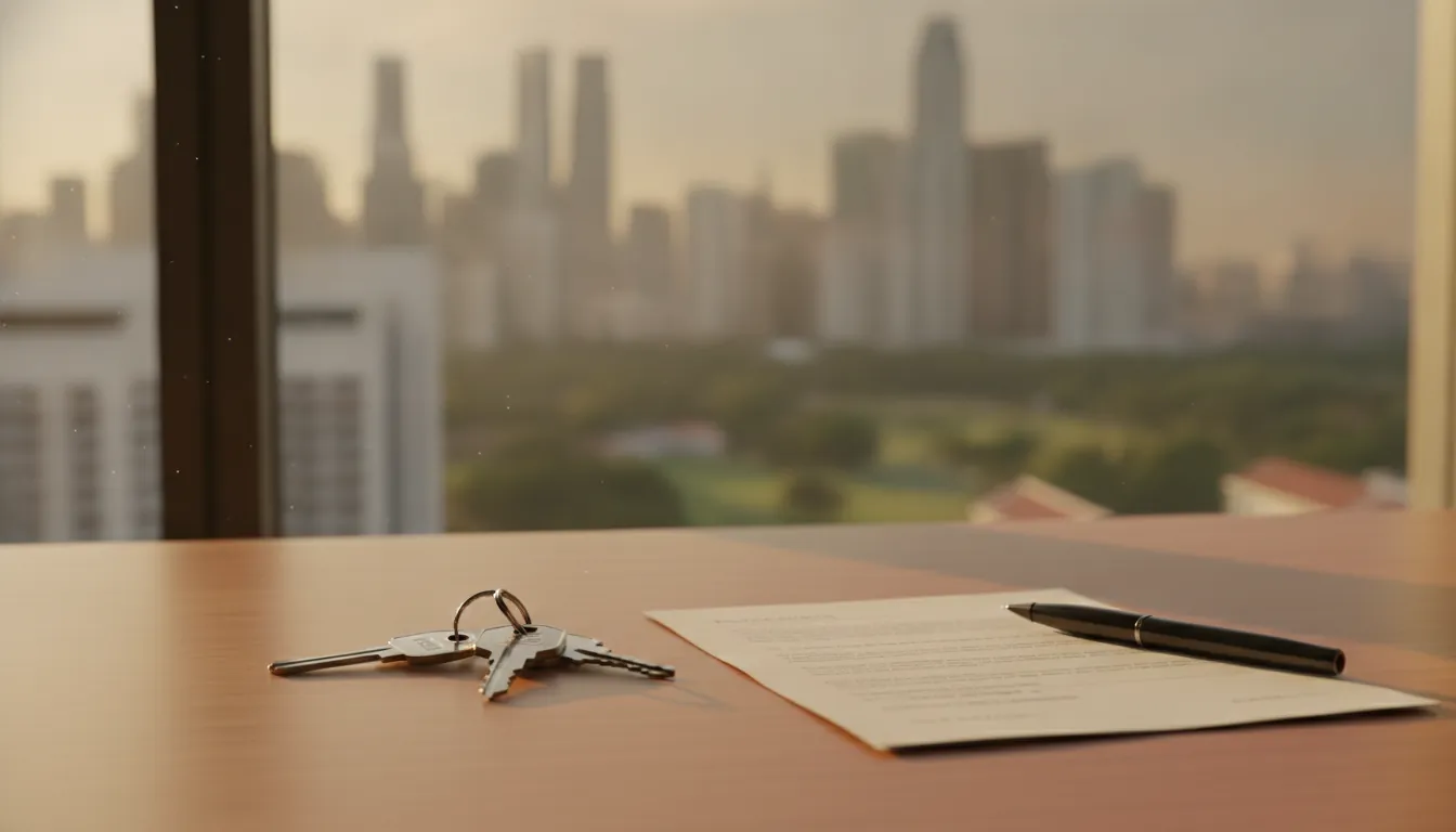 Decoupling property Singapore: two sets of house keys on a wooden table with a Singapore condominium skyline through the window in warm light