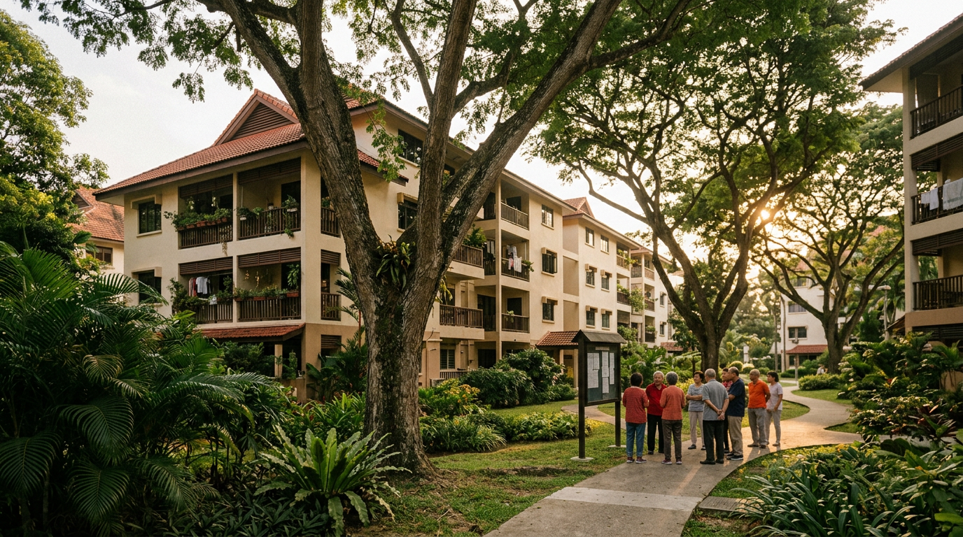 En bloc Singapore: an older, well-maintained private condominium estate with mature rain trees at golden hour