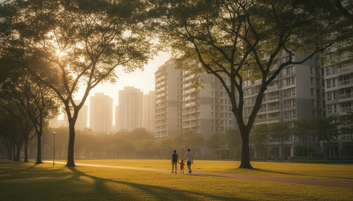 Executive condo eligibility Singapore: a young family walks through a park towards a modern condominium estate with HDB blocks in the distance at golden hour