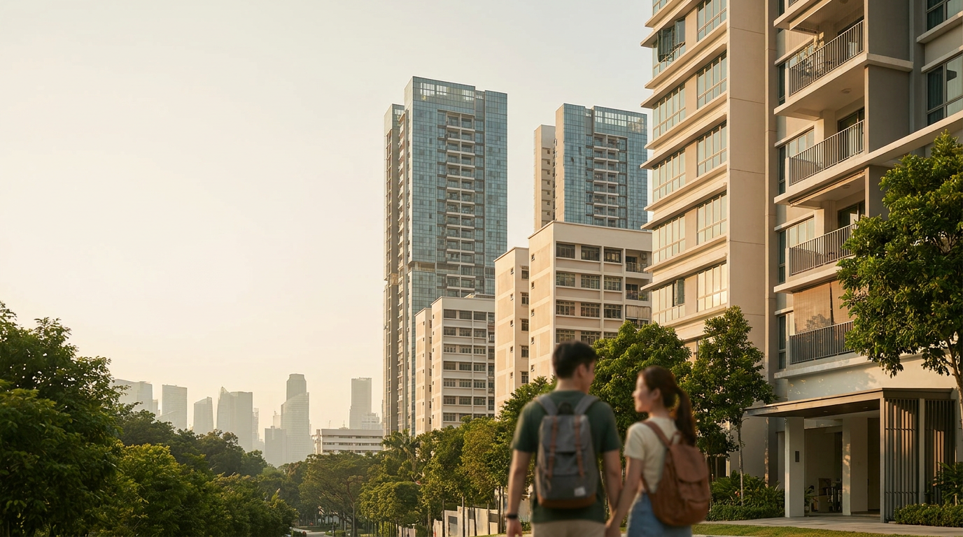 Home loan Singapore: HDB blocks and private condominium towers together at golden hour, a couple walking towards their new home
