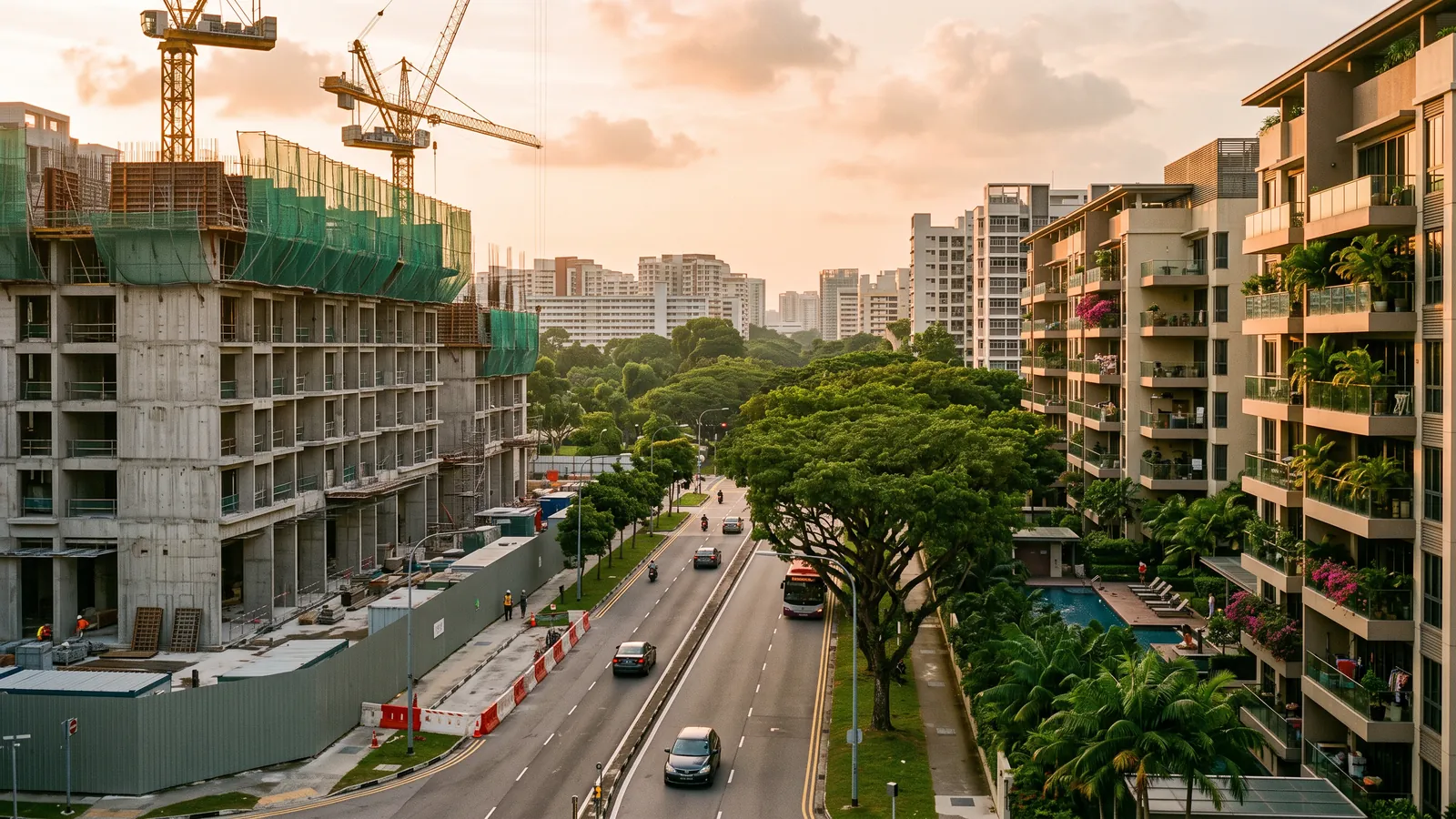 New launch vs resale condo: a Singapore condominium still under construction with tower cranes, beside an established condo block with balconies and mature trees