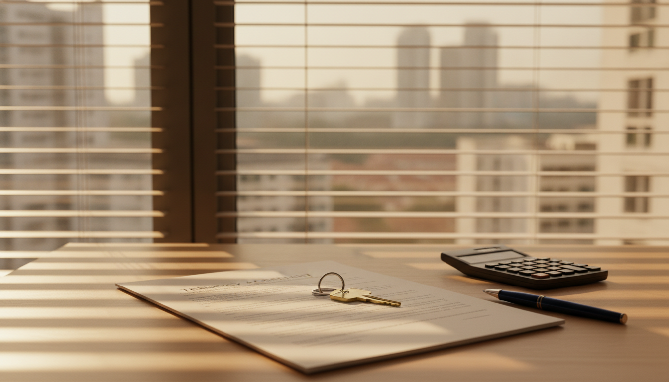 Property agent commission Singapore: tenancy papers, a house key and a calculator on a desk, with HDB blocks and condo towers beyond the window