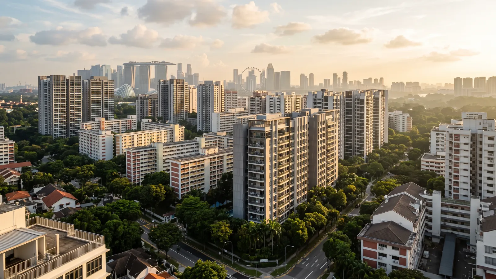 Property investment Singapore: an elevated golden-hour view across city-fringe condominium towers and older HDB blocks, with the Marina Bay skyline in the haze