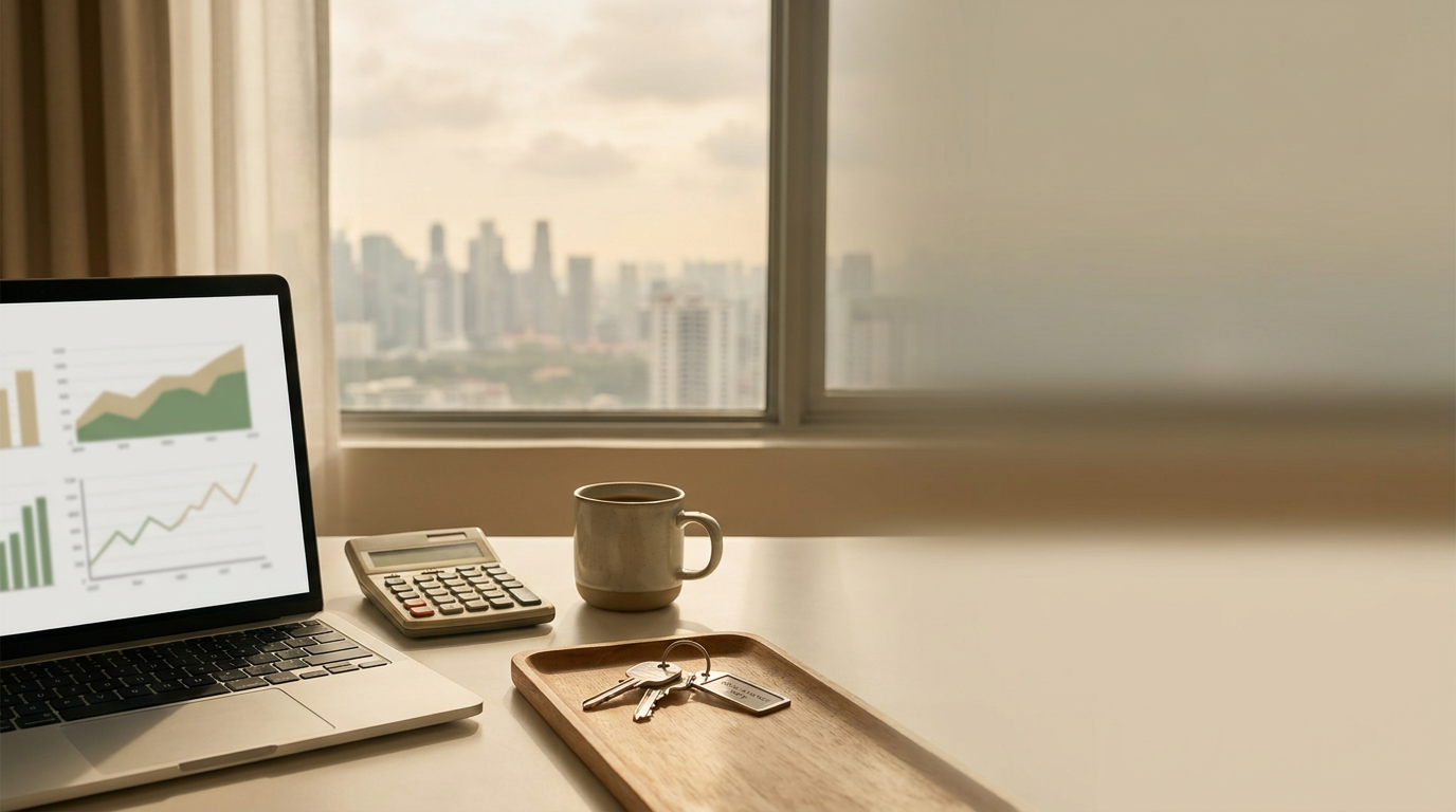Refinancing home loan Singapore: a home office desk with a laptop, calculator and condo keys in soft warm light