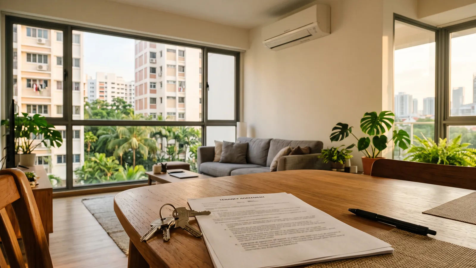 Tenancy agreement Singapore: a printed tenancy agreement, a set of keys and a pen on a dining table in a condo unit, with HDB blocks beyond the window