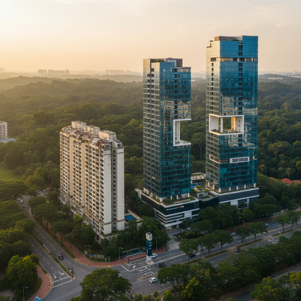 Upper Thomson skyline at golden hour with Bright Hill Drive condos in foreground and MacRitchie Reservoir forest canopy behind