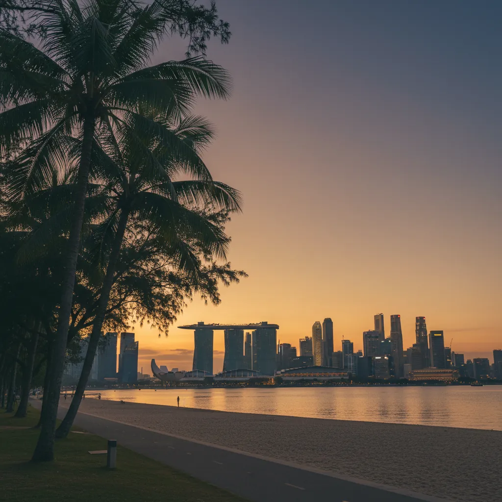 Singapore East Coast Park at dusk, with Marina Bay Sands and the CBD skyline catching the last golden-hour light across the bay