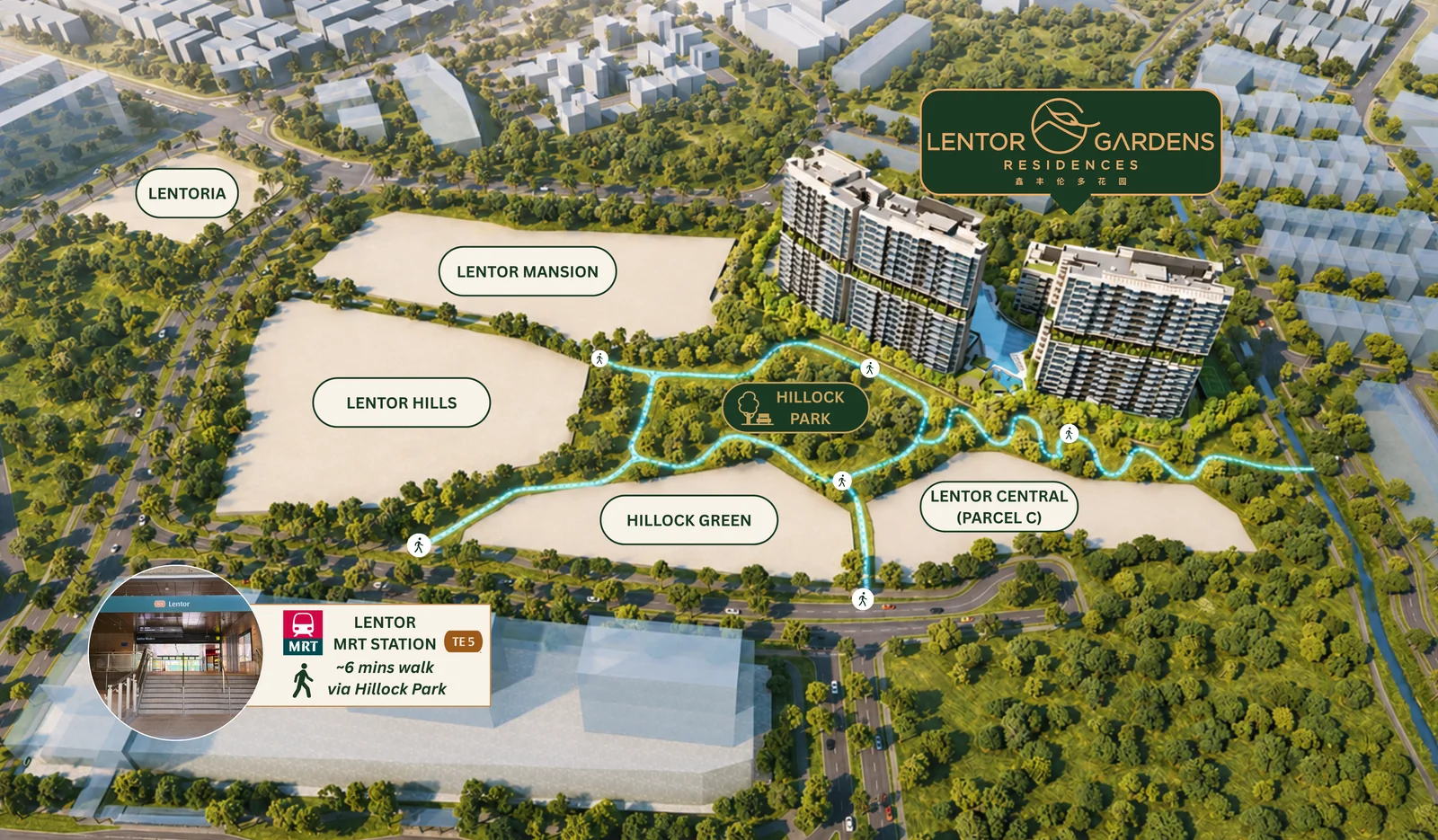 Lentor Gardens Residences location map: about a 6-minute walk to Lentor MRT (TE5) via Hillock Park, surrounded by the Lentor enclave: Lentoria, Lentor Mansion, Lentor Hills, Hillock Green and Lentor Central (Parcel C).