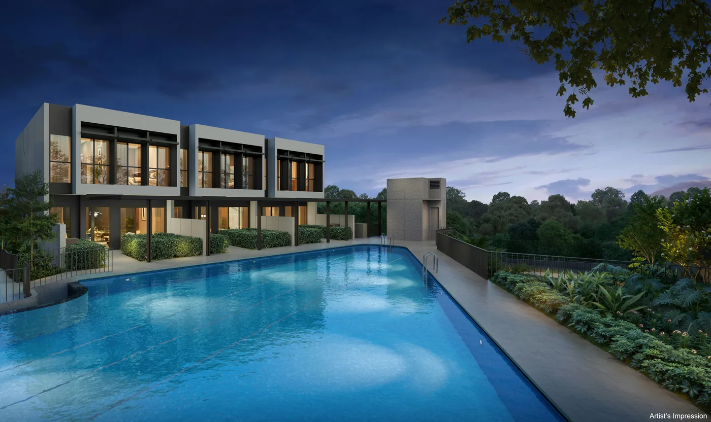 Lentor Gardens Residences strata terrace homes at dusk beside a private pool deck, a rare landed-style product within the condominium.
