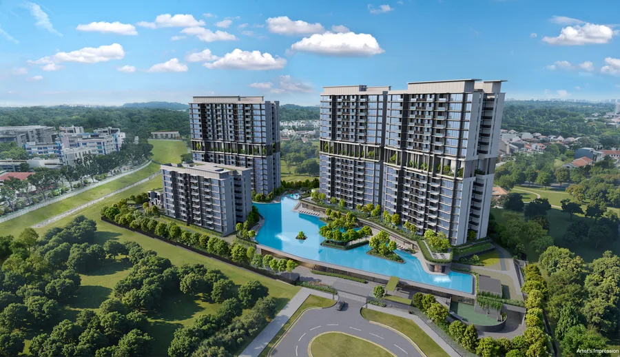 Lentor Gardens Residences, Kingsford new launch at Lentor, aerial view with central pool and Hillock Park greenery. From $2,050 psf.