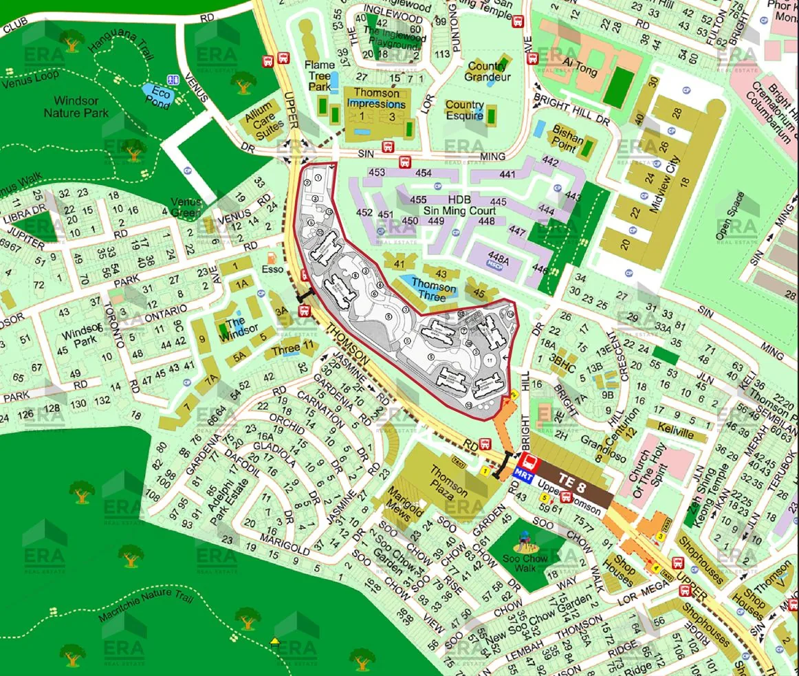 Thomson Reserve neighbourhood map — close-up of Sin Ming Avenue, Bright Hill Drive, Upper Thomson Road. Surrounding condos: Thomson Three, Thomson Impressions, Country Grandeur, Country Esquire, Flame Tree Park, Allium Care Suites. HDB Sin Ming Court visible across Sin Ming Ave.
